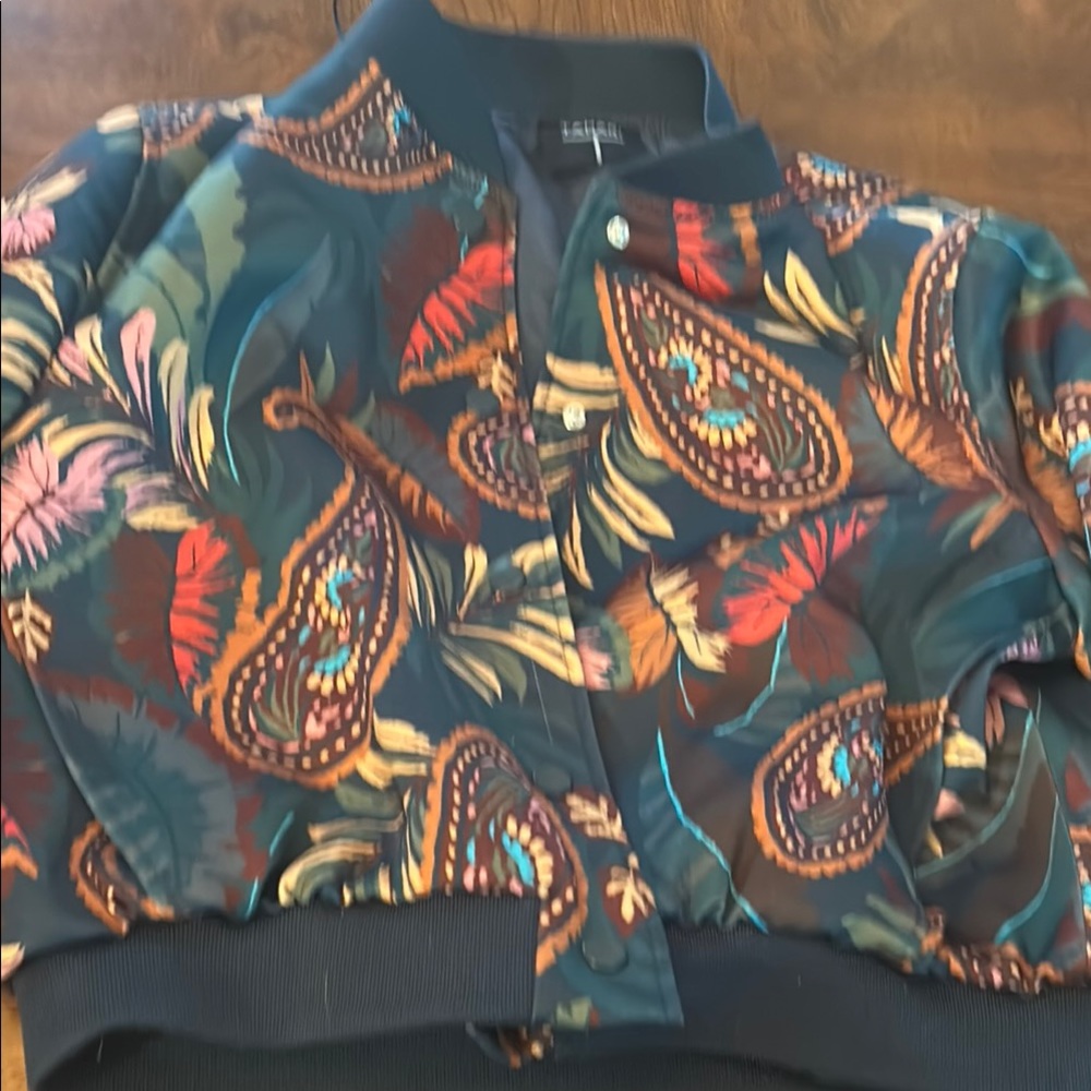 Tahari Teal Paisley Bomber Jacket
